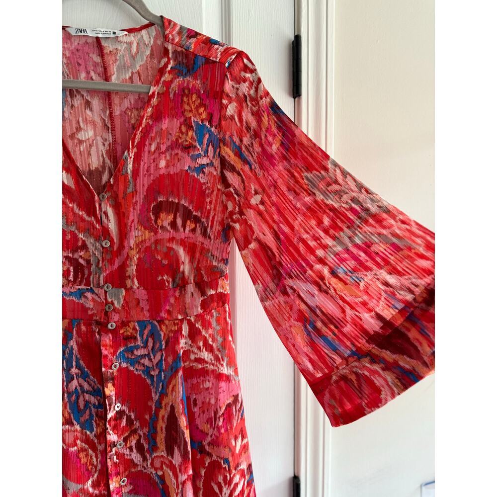 Zara Red Metallic Thread Printed Midi Dress size small Boho Resort - Picture 9 of 11